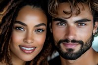 Young diverse couple with dreadlocks and beard smiling intimately together showing love and connection in close-up portrait for relationship concepts.