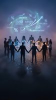 Business team silhouettes holding hands in circle with glowing network connections and financial growth charts above for corporate teamwork concepts.