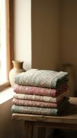 Stack of folded vintage paisley textiles in soft pastel colors on rustic wooden table near window with ceramic vase in warm natural lighting.