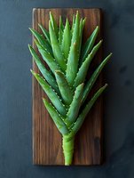 Fresh aloe vera plant with thick green leaves displayed on dark wooden board against teal wall, showcasing natural medicinal and cosmetic ingredient.