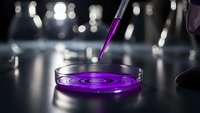 Laboratory pipette dropping purple liquid into petri dish for scientific research and chemical analysis in modern lab setting.