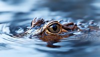 Close-up view of an alligator eye partially submerged in blue rippling water, showing detailed scales and amber iris, creating dramatic wildlife composition.