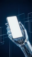 Polygonal wireframe robotic hand holding smartphone with blank white screen on dark blue digital background with geometric shapes.