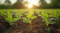 Young green soybean sprouts growing in fertile soil during sunrise, with bokeh sunlight effect and shallow depth of field, agricultural spring scene.