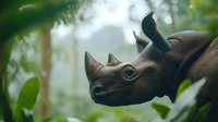 Close up profile of rhinoceros head in misty jungle environment showing distinctive horn and facial features against blurred green foliage background.