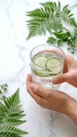 Hands holding refreshing cucumber infused water glass with green fern leaves on marble background for healthy lifestyle and wellness concept.