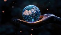 Glowing planet Earth floating above outstretched hand against starry dark space background, representing global care and environmental protection concept.