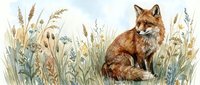 Red fox sitting in tall grass meadow with wheat stalks and wildflowers in soft watercolor style for nature and wildlife themed designs.