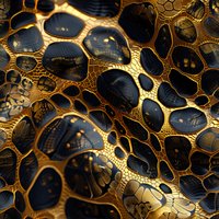 Abstract golden honeycomb pattern with dark blue cells creating organic cellular texture. Metallic surface with intricate details and depth for luxury backgrounds.