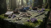 Mystical altar setup with pentagram, crystals, and ritual tools on moss-covered stone in enchanted forest for spiritual ceremonies and witchcraft practices.