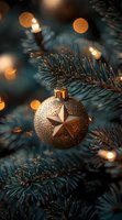 Golden star ornament hanging on pine branch with soft bokeh lights creating magical Christmas atmosphere. Perfect for holiday season marketing.