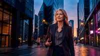 Professional blonde businesswoman walking confidently through modern urban street at twilight with city lights and skyscrapers in background.