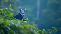 Majestic harpy eagle perched among green foliage in misty forest environment, displaying distinctive head feathers and alert posture against blurred natural background.