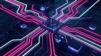 Futuristic digital circuit board with glowing pink and white neon pathways converging at central intersection on dark blue technological background.