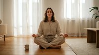 Young Caucasian woman practicing meditation in lotus position on yoga mat in bright living room with natural light streaming through windows.