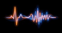 Glowing neon sound wave pulse with orange and blue light effects on black background for music technology and audio visualization projects.