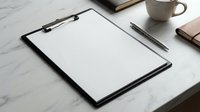 Empty clipboard with pen on wooden desk workspace for business planning and note-taking with coffee cup and notebook in background.