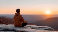 Young man meditating on mountain cliff during golden hour sunrise, peaceful mindfulness practice in nature with warm sunlight and scenic valley view.
