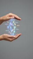 Protective hands holding glowing digital DNA helix with genetic data visualization for biotechnology and medical research applications.