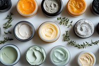 Natural skincare cosmetic creams and masks in jars with herbs on white background. Organic beauty products for spa treatments and self-care routine.