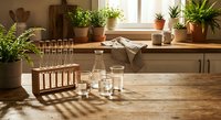 Sunlit kitchen counter with wooden test tube rack, glassware and potted plants creating warm natural laboratory workspace atmosphere for cooking experiments.