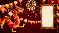 Chinese New Year celebration with red dragon, golden lanterns, fireworks and blank scroll banner for festive greeting card or poster design.