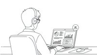 Professional businessman analyzing AI-powered analytics dashboard on laptop computer. Data visualization charts and graphs for business intelligence reporting.