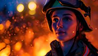 Young female firefighter in protective helmet illuminated by dramatic orange emergency lights and bokeh effects against dark night background at rescue scene.