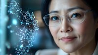 Asian businesswoman wearing glasses analyzing digital data visualization with glowing network connections for technology and innovation concepts.