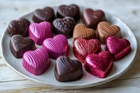 Assorted heart-shaped chocolate candies on white plate for Valentine's Day celebration, romantic gifts and sweet treats collection.