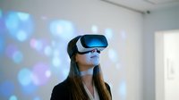 Young woman wearing virtual reality headset experiencing immersive technology in modern office environment with colorful bokeh lights background.