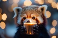 Adorable red panda holding warm cup with cozy bokeh lights background creating magical winter atmosphere for holiday greeting cards and seasonal designs.