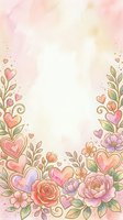 Watercolor floral frame with pink hearts, roses, and botanical elements on soft pastel background, isolated on white space for greeting cards, invitations, and romantic designs.