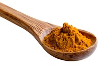 Ground turmeric powder in wooden spoon on white background, bright orange-yellow spice used in Asian cuisine and natural medicine, isolated culinary ingredient.