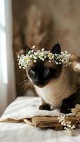 Siamese cat wearing white daisy flower crown, sitting on white fabric near open book with dried flowers, neutral beige background, suitable for pet, lifestyle, and greeting card designs.