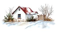Cozy winter cottage with red roof covered in snow, surrounded by bare trees and evergreen bushes, watercolor illustration isolated on white background.