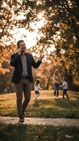 Businessman talking on phone while walking in autumn park with family in background during golden hour sunset for work-life balance concept.
