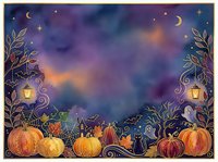 Watercolor Halloween night scene with pumpkins, bats, ghosts, black cat, lanterns, and crescent moon on a mystical purple sky background.