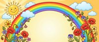 Cheerful rainbow arching over colorful wildflowers with smiling sun and fluffy clouds on yellow background, isolated design element for children's projects.