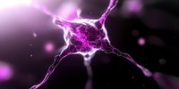 Purple glowing neuron cell with electric synapses and neural connections in dark space for medical education and neuroscience research presentations.