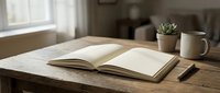 Open book on rustic wooden desk with coffee mug and succulent plant in cozy home office setting with natural window light for reading and study.