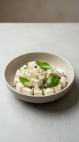 Fresh cubed tofu with basil leaves and black sesame seeds in ceramic bowl on neutral background for healthy cooking and plant-based nutrition concepts.