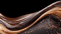 Luxurious waves of dark and milk chocolate swirls with golden sparkles on black background, smooth flowing curves create elegant abstract design for confectionery packaging.