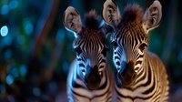 Two young zebras close up at twilight with bokeh lights creating magical atmosphere in African wildlife setting. Faces show distinctive stripe patterns.