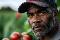 Mature African American male farmer with beard wearing cap smiling outdoors with fresh tomatoes in background for agricultural and farming concepts.
