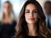 Professional woman with long wavy brown hair and natural makeup smiling confidently against blurred office background, representing success and leadership.
