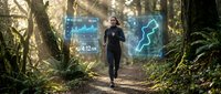 Young athletic woman jogging on forest trail with futuristic holographic fitness data display showing running metrics and health monitoring interface.