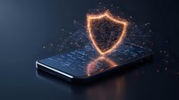 Glowing shield protection symbol floating above smartphone screen with digital network connections in dark background, cybersecurity concept.