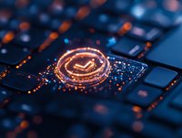 Glowing cryptocurrency symbol on computer keyboard with orange light effects and bokeh, digital finance concept in dark blue tech environment.