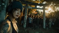 Young Asian woman with tattoos and beanie standing near traditional torii gate at sunset, crowd visible in background during autumn festival.
